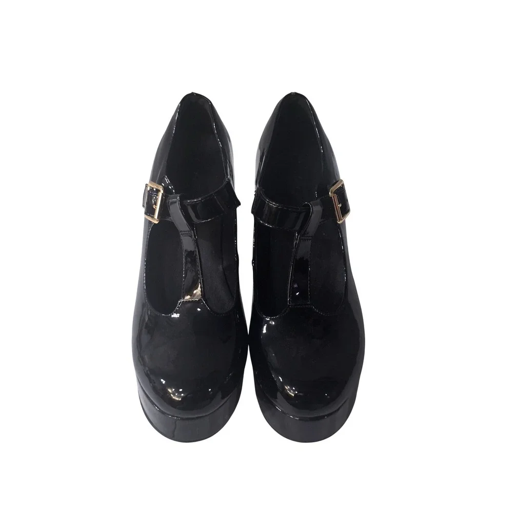 Coutgo Womens Black Patent Mary Jane Platform T-Strap Chunky Block Heel Sz 7.5